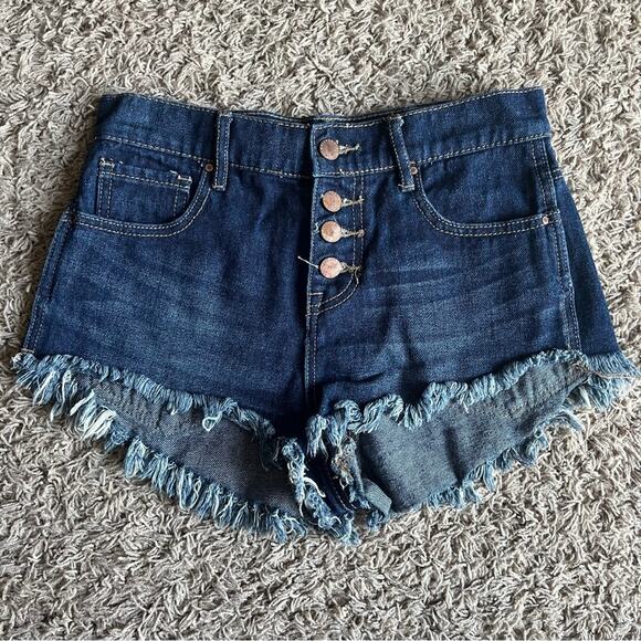 Bullhead Denim Co. Dark Wash Button Fly High Rise Jean Shorts Size 25 - Picture 1 of 12